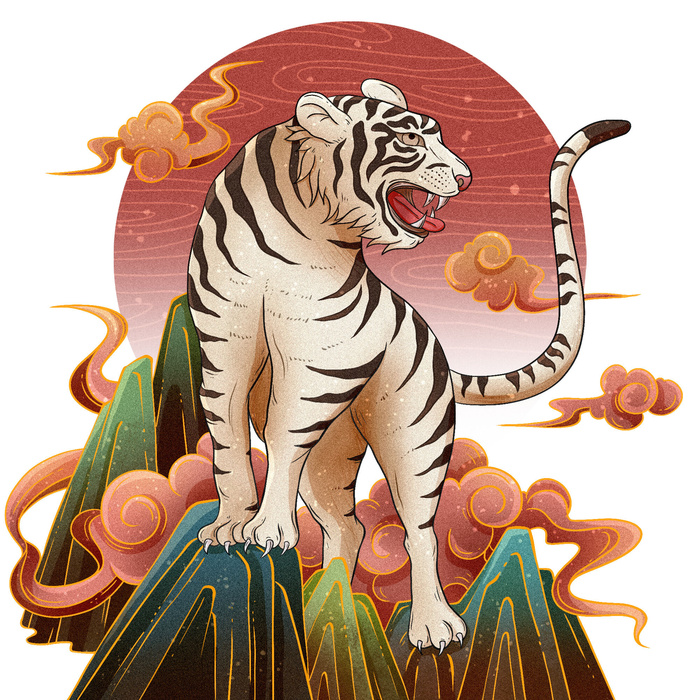 手绘国潮虎年卡通白虎老虎形象插画装饰元素PSD设计素材png免抠图psd模版下载