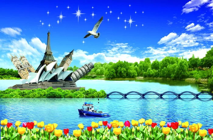 风景画流水生财装饰画psd模版下载