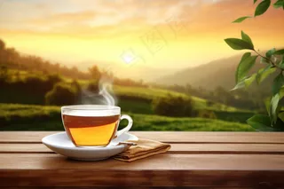 村庄清晨窗台泡着一杯茶摄影图