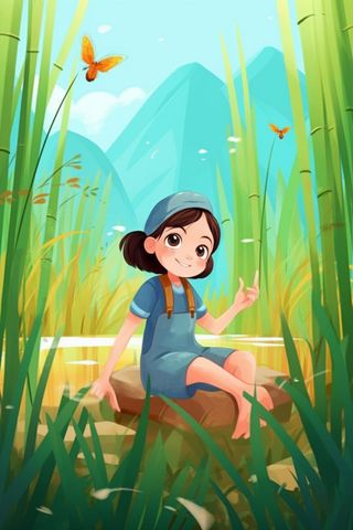 绿色清新草地人物插画