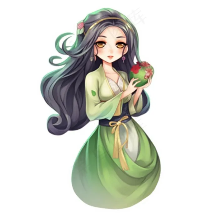 古风少女绿衣裙插画免抠(1024x1024)