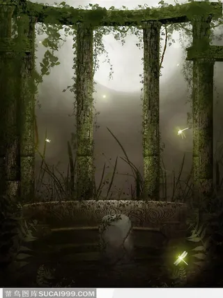 荒废的公园石质柱子藤蔓