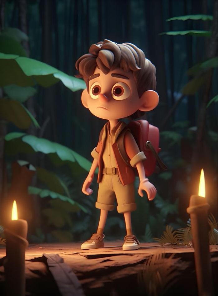 森林探险旅行男孩夜晚3D卡通背景