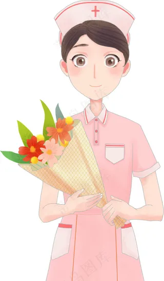 护士节粉衣护士手拿鲜花素材