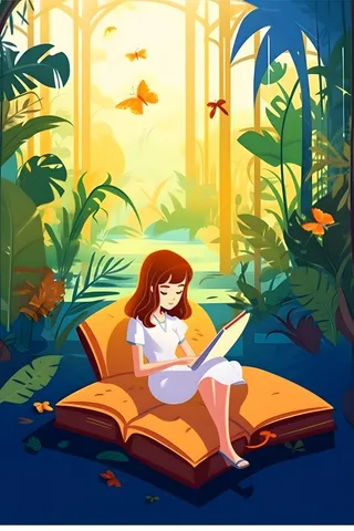 女孩在丛林氧吧读书卡通插画背景