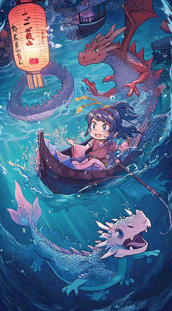 创意卡通古风河面人物游船，夜晚龙灯笼光照，海浪水面(816x1472)