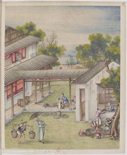 古代茶作坊制茶贸易场景工笔绘画图片