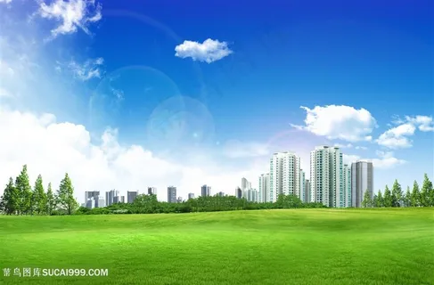 蓝天白云草地建筑风景画 蓝天白云草地建筑风景画