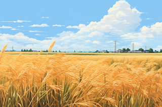 秋天成熟的金黄麦田稻田卡通插画素材图