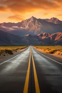 一条通往远方的公路远处是山峰摄影图