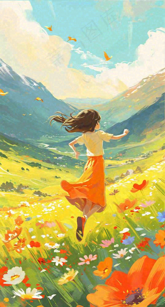 春日浪漫山脉鲜花草坪里的女孩，油画手绘插画，春分(800x1488)