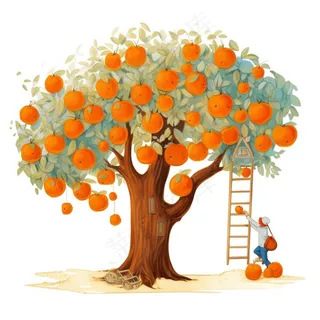 秋季爬梯摘水果的女孩橘子插画免抠