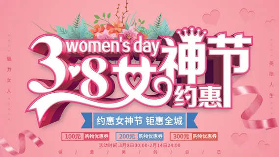 创意妇女节女神女王女生节横版海报借势购物背景展板素材设计模板
