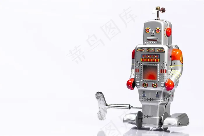 银白色上发条的老玩具高清摄影图
