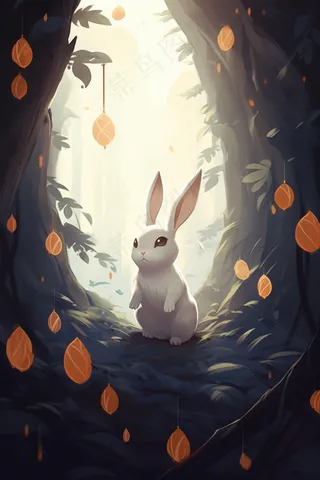 森林中的白兔卡通插画素材