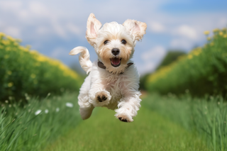 白色西高地宠物狗在草坪飞奔玩耍快乐摄影图