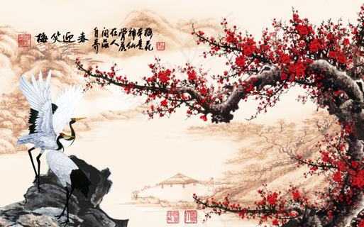 简笔画山水花鸟梅笑迎春梅花丹顶鹤高山流水客厅卧室走廊装饰画玄关画壁画
