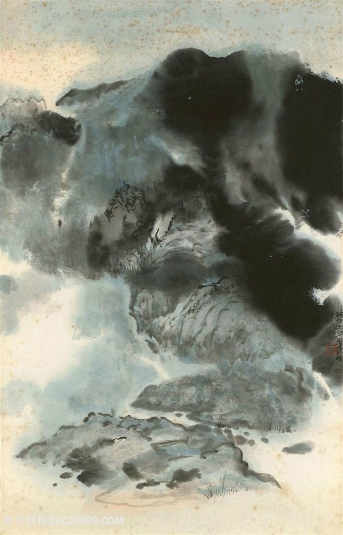 张大千手绘水墨山脉风景画