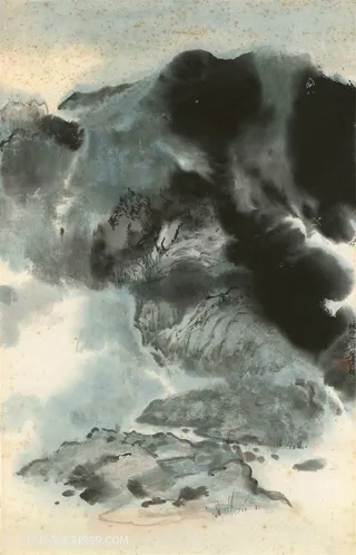 张大千手绘水墨山脉风景画