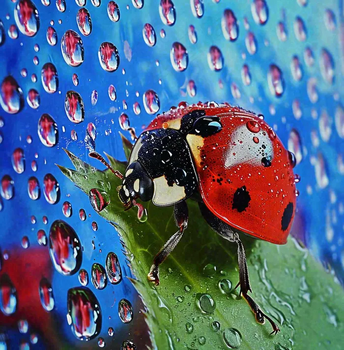 玻璃雨水下的绿叶昆虫七星瓢虫，彩色植物摄影图(1024x1040)