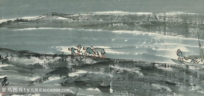 林风眠手绘中式水墨湖畔风景画
