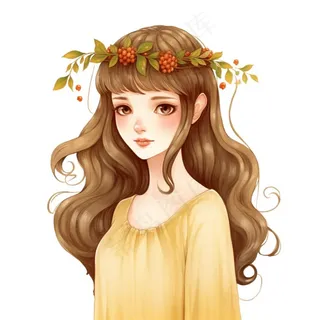 戴花环的黄裙少女插画免抠
