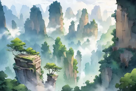 张家界风景水彩群山远景翠绿色插画