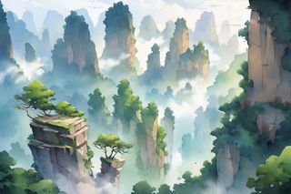 张家界风景水彩群山远景翠绿色插画