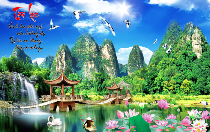 流水生财荷花亭子蓝天风景