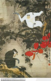 红叶双猿图