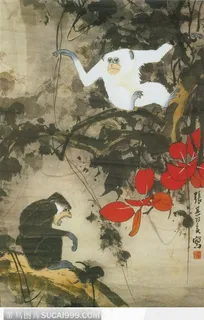 红叶双猿图