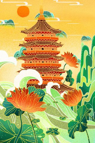 中国风国潮烫金仙鹤山水古建筑风景装饰插画背景PSD分层设计素材