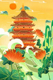 中国风国潮烫金仙鹤山水古建筑风景装饰插画背景PSD分层设计素材 中国风国潮烫金仙鹤山水古建筑风景装饰插画背景PSD分层设计素材