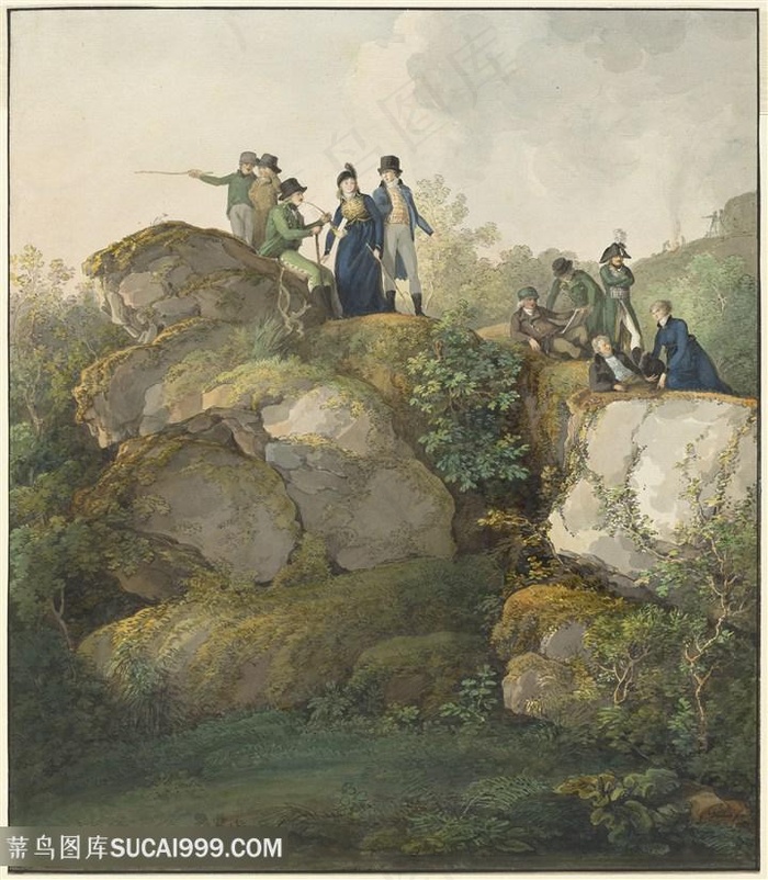 山脉游客风景画装饰画