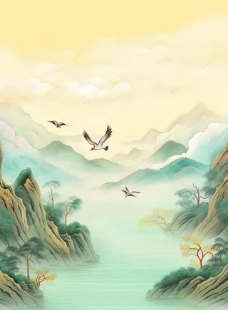 国潮山脉仙鹤清新背景