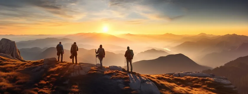 一群登山的人站在山顶上，远处山脉上有太阳升起摄影图
