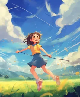 儿童玩乐草地奔跑清新插画