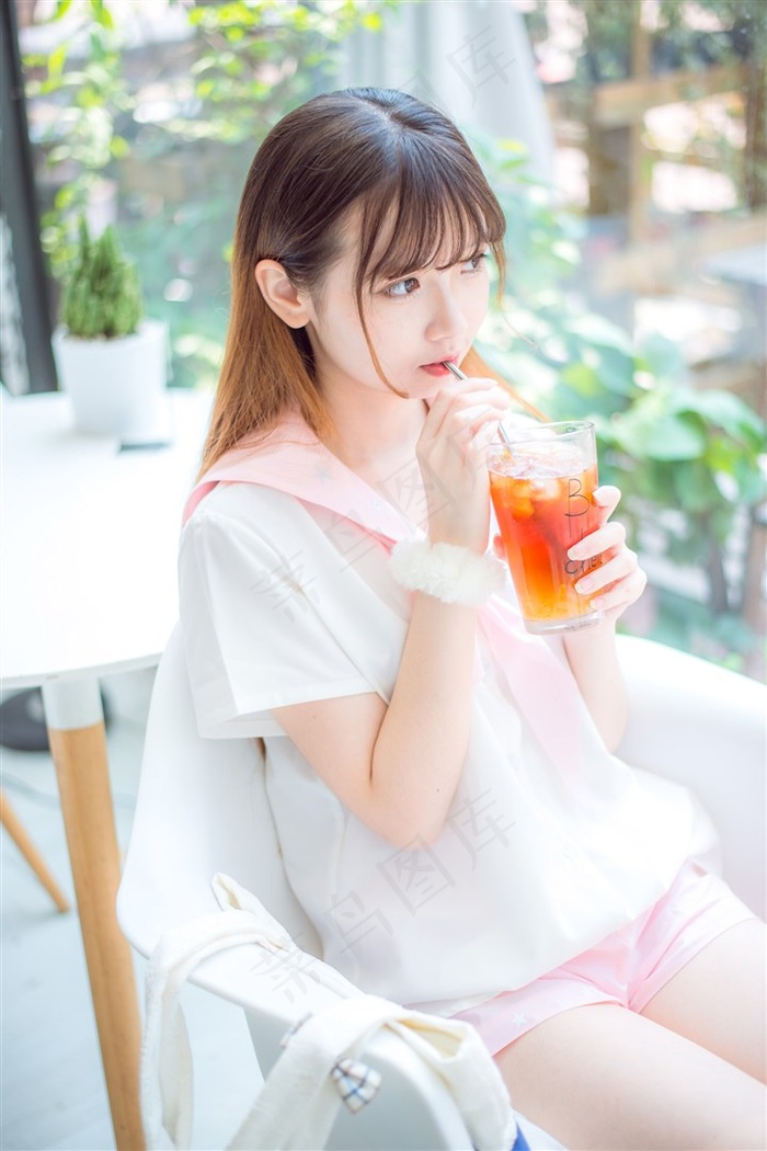 清纯萌妹美女下午茶素材