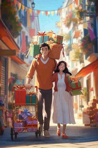 购物插画手绘卡通礼物，电商