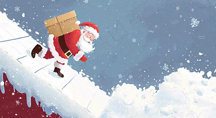 冬天圣诞老人屋顶带礼物，雪花雪屋，圣诞节卡通扁平插画(1488x816)