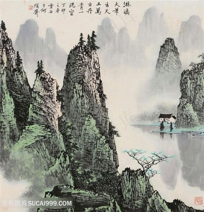 白雪石水墨湖畔山脉艺术挂画