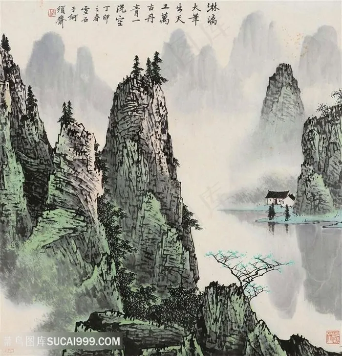 白雪石水墨湖畔山脉艺术挂画
