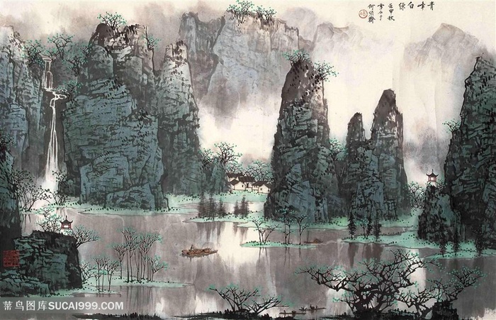 白雪石巍峨山脉湖畔高清风景画