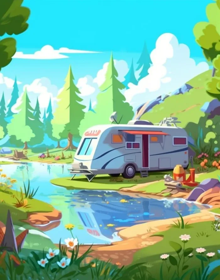 夏季野营清爽河水扁平背景(896x1140)