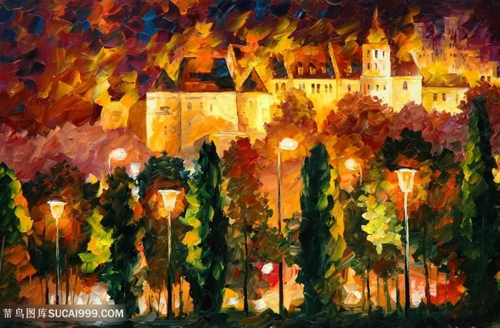 唯美城堡欧式水彩树林油画装饰画