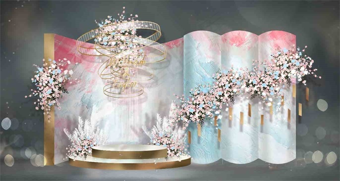 粉蓝色梦幻浪漫婚礼迎宾区效果图