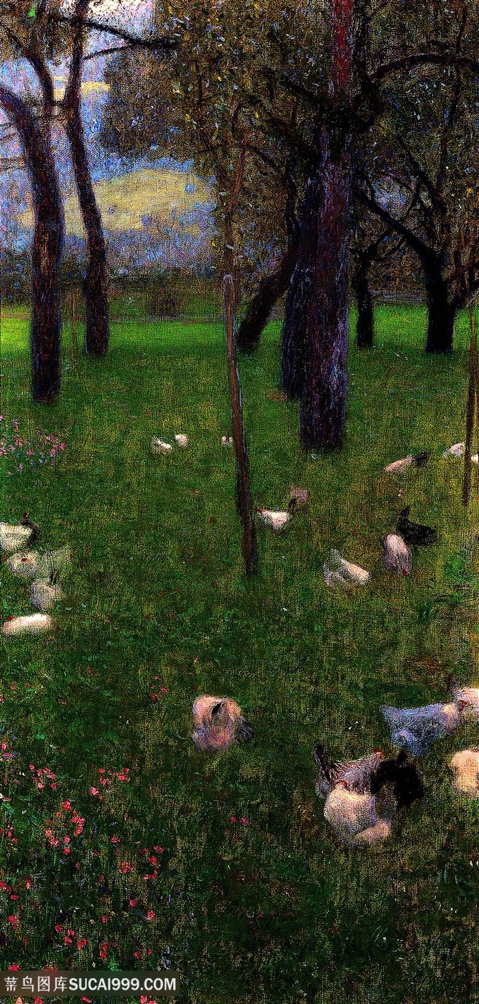 克里姆特油画草地树林家禽装饰画