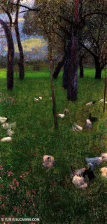 克里姆特油画草地树林家禽装饰画