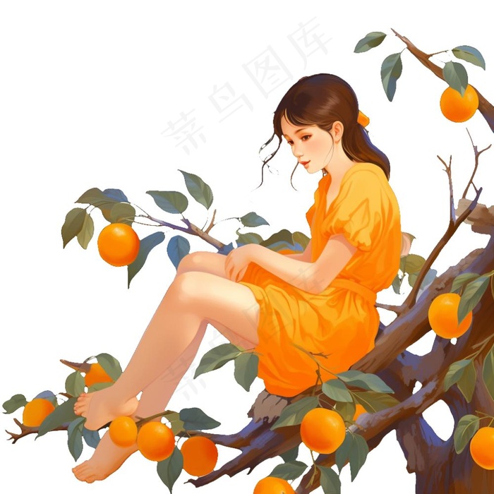 少女女孩坐着柿子树上橙色插画免抠
