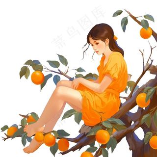 少女女孩坐着柿子树上橙色插画免抠